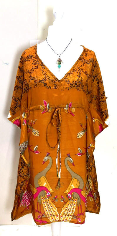 Boho hippy, festival Sari Silk Long Tunic, Kaftan Top Cover up dress UK 8 - 12