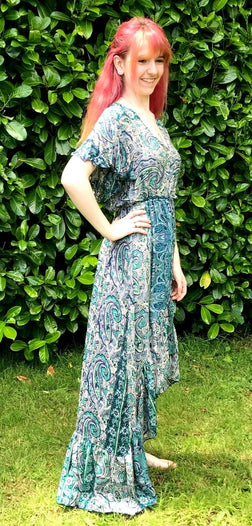 Boho hippy pixie Festival 100% SILK LONG JADE BLUE summer sun MAXI Dress UK 8-14