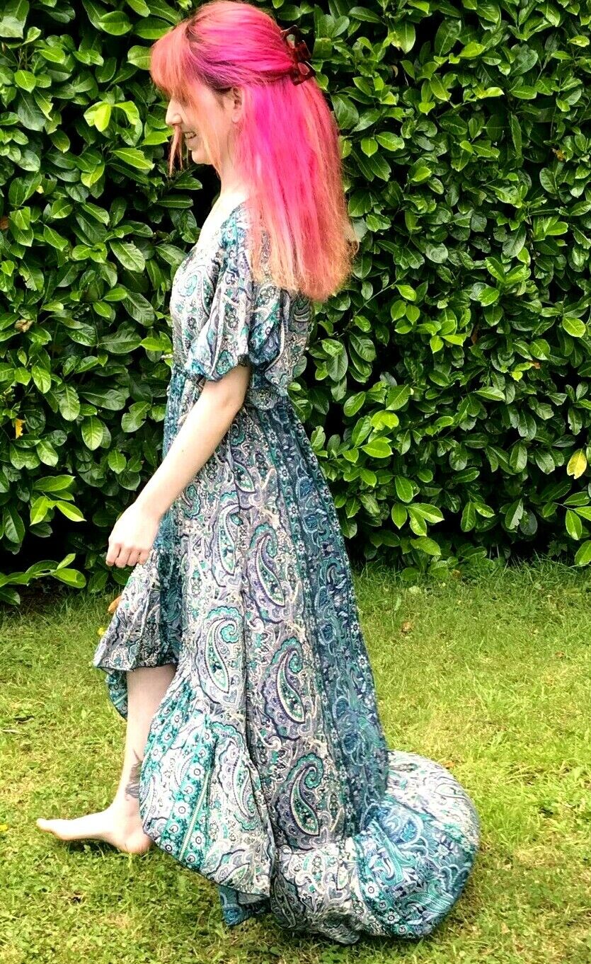 Boho hippy pixie Festival 100% SILK LONG JADE BLUE summer sun MAXI Dress UK 8-14