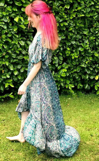 Festival Stall LTD Boho festival Clothing Boho hippy pixie Festival 100% SILK LONG JADE BLUE summer sun MAXI Dress UK 8 - 14