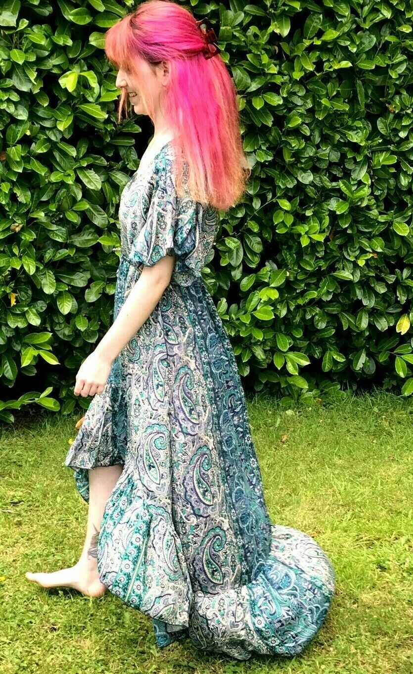 Boho hippy pixie Festival 100% SILK LONG JADE BLUE summer sun MAXI Dress UK 8-14