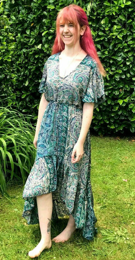 Festival Stall LTD Boho festival Clothing Boho hippy pixie Festival 100% SILK LONG JADE BLUE summer sun MAXI Dress UK 8 - 14