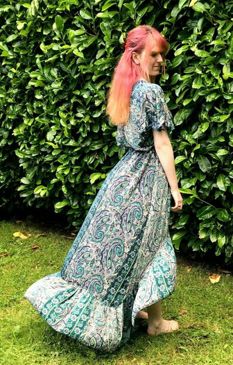 Festival Stall LTD Boho festival Clothing Boho hippy pixie Festival 100% SILK LONG JADE BLUE summer sun MAXI Dress UK 8 - 14