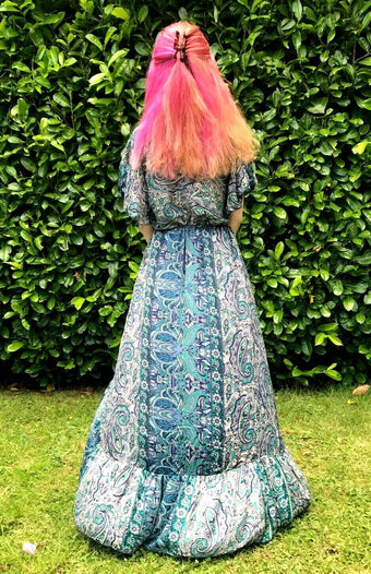 Festival Stall LTD Boho festival Clothing Boho hippy pixie Festival 100% SILK LONG JADE BLUE summer sun MAXI Dress UK 8 - 14