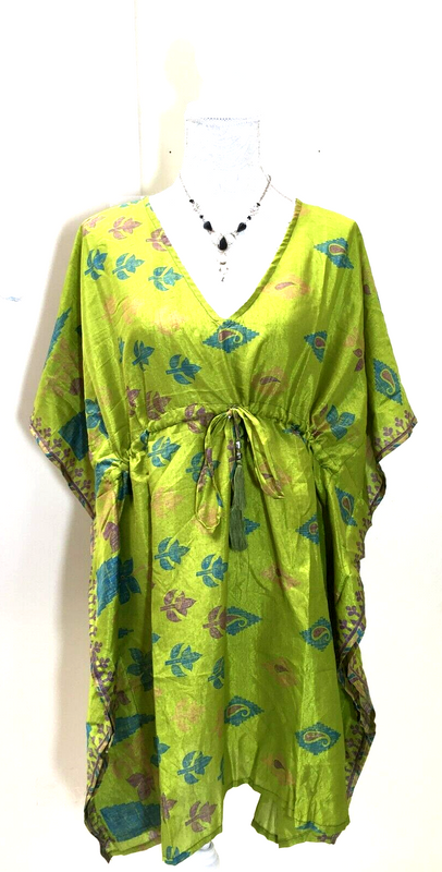 Tunic dress, Kaftan Top Cover up Boho hippy festival Sari Silk One Size 8 - 18