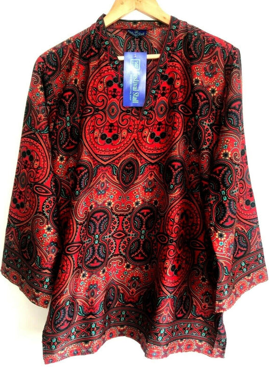 Blouse top Tunic SILK Festival boho hippie ethnic print red retro paisley 8-14