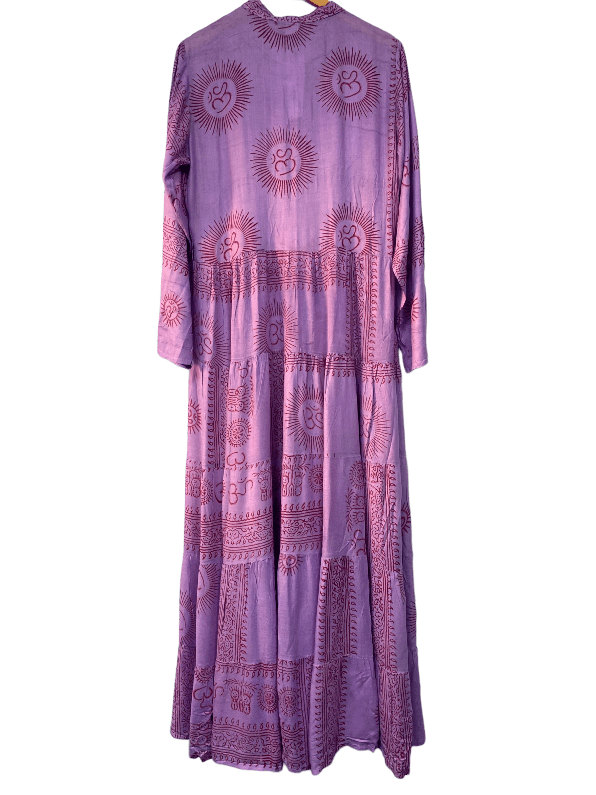 Festival Stall LTD Boho festival Clothing LONG Dress Boho hippy festival style, Om print, Yoga Purple & red maxi UK 8 - 14