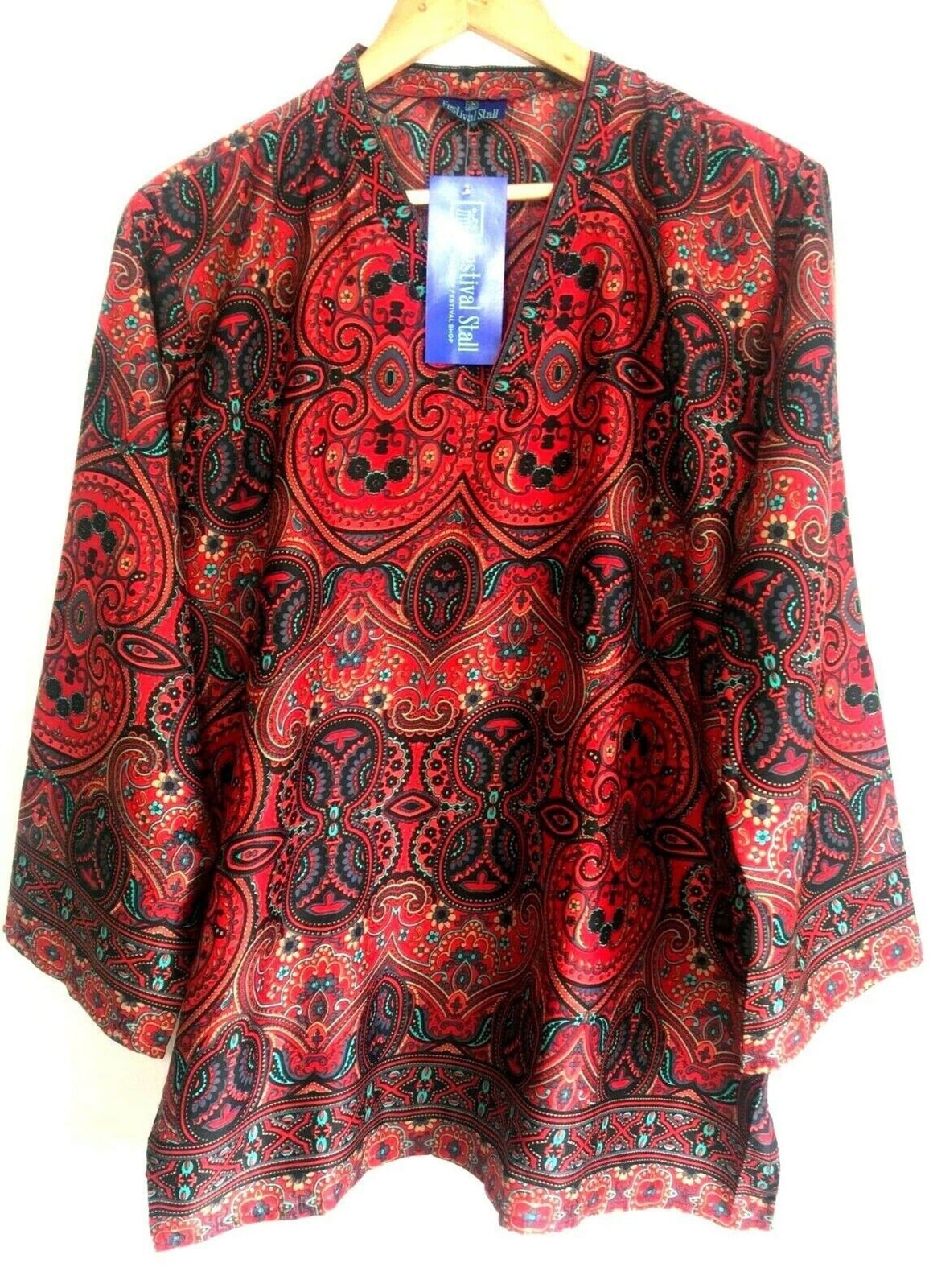 Blouse top Tunic SILK Festival boho hippie ethnic print red retro paisley 8-14