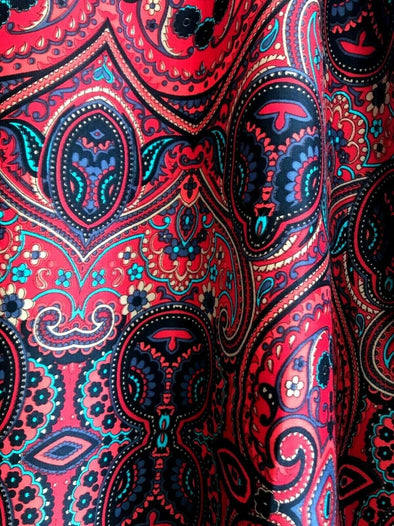 Blouse top Tunic SILK Festival boho hippie ethnic print red retro paisley 8-14