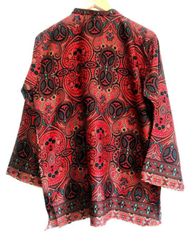 Blouse top Tunic SILK Festival boho hippie ethnic print red retro paisley 8-14