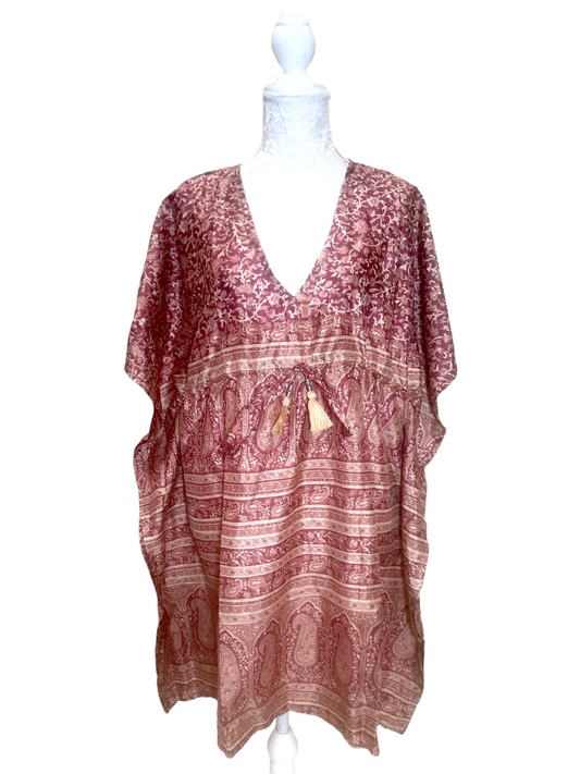 Long Tunic Kaftan Top Cover up dress Boho hippy vintage Sari Silk ONE SIZE 8- 18