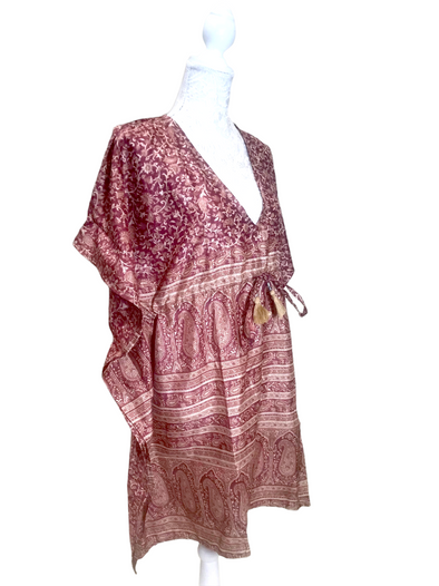 Long Tunic Kaftan Top Cover up dress Boho hippy vintage Sari Silk ONE SIZE 8- 18