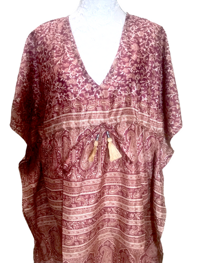 Long Tunic Kaftan Top Cover up dress Boho hippy vintage Sari Silk ONE SIZE 8- 18