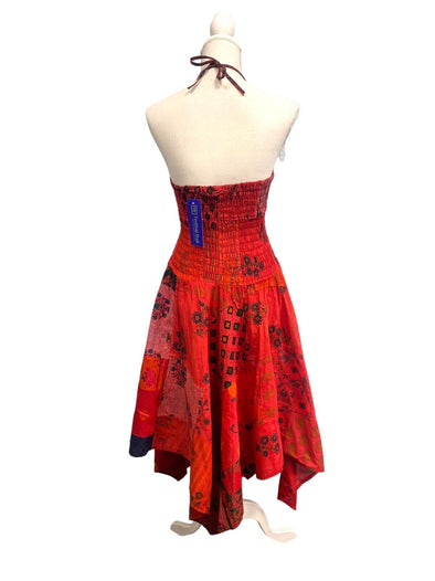 Short Dress RED patchwork sexy Boho Pixie hanky hem Festival Hippy gypsy UK 8-14