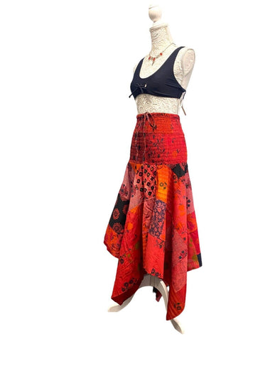 Short Dress RED patchwork sexy Boho Pixie hanky hem Festival Hippy gypsy UK 8-14