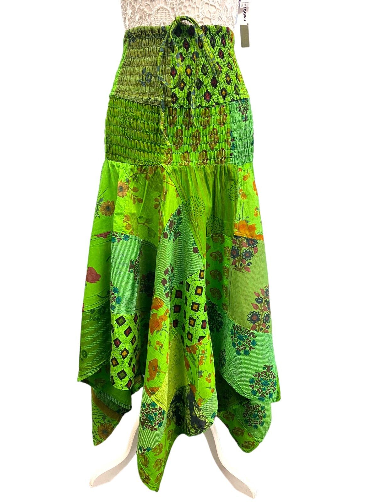 Festival Stall LTD Boho festival Clothing Short Dress GREEN patchwork Boho Pixie hanky hem Festival Hippy gypsy UK 8 - 14