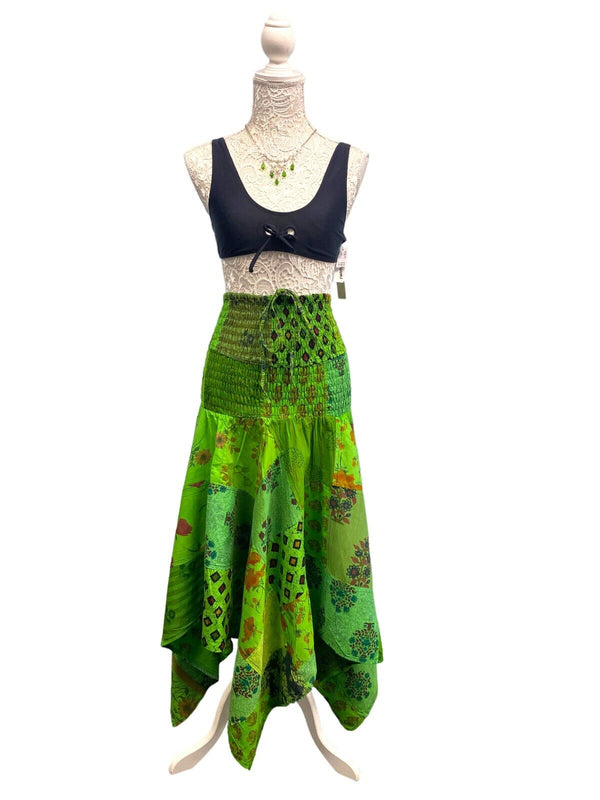 Festival Stall LTD Boho festival Clothing Short Dress GREEN patchwork Boho Pixie hanky hem Festival Hippy gypsy UK 8 - 14