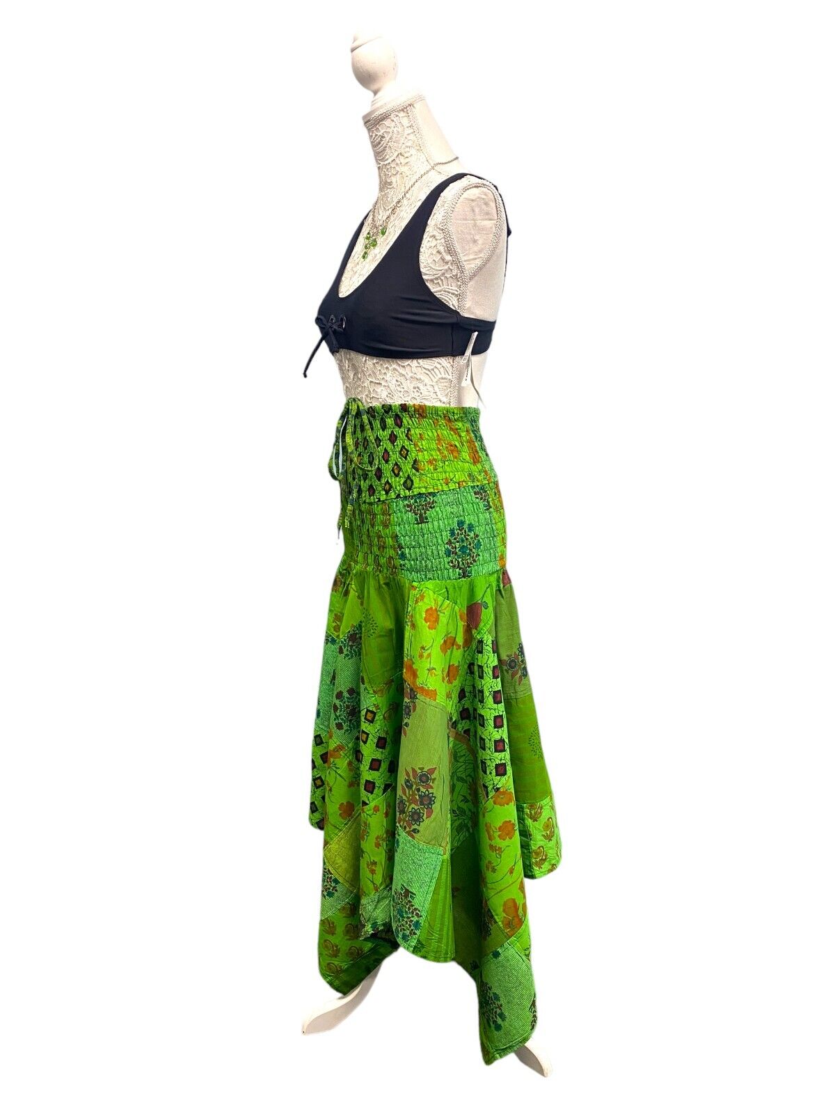 Festival Stall LTD Boho festival Clothing Short Dress GREEN patchwork Boho Pixie hanky hem Festival Hippy gypsy UK 8 - 14