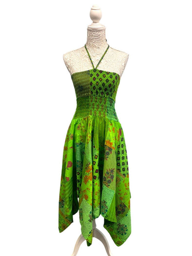 Short Dress GREEN patchwork Boho Pixie hanky hem Festival Hippy gypsy UK 8-14