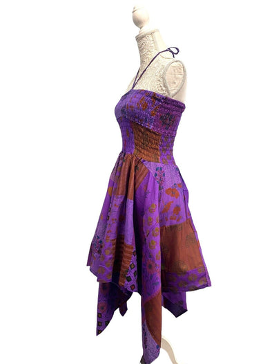 Short Dress PURPLE patchwork Boho Pixie hanky hem Festival Hippy gypsy UK  8-14