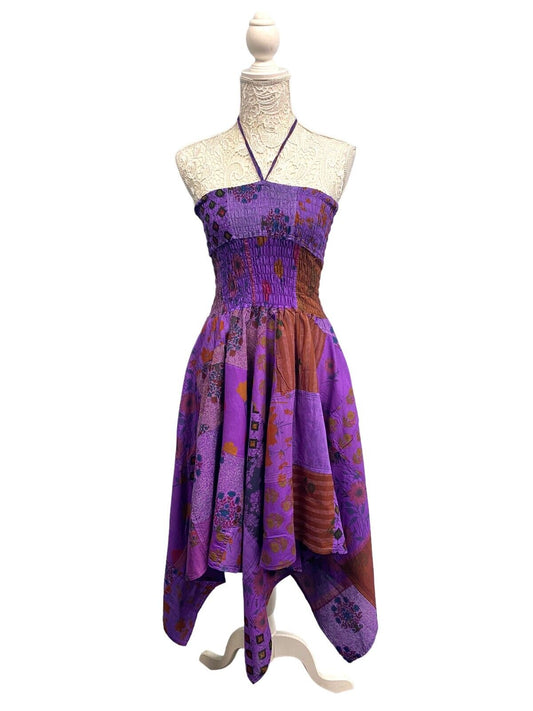 Festival Stall LTD Boho festival Clothing Short Dress PURPLE patchwork Boho Pixie hanky hem Festival Hippy gypsy UK 8 - 14