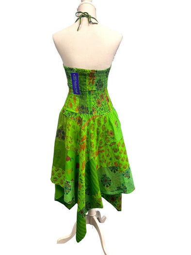 Short Dress GREEN patchwork Boho Pixie hanky hem Festival Hippy gypsy UK 8-14