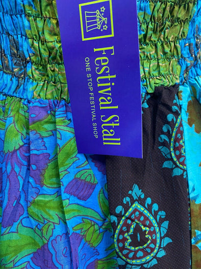 Short Dress BLUE patchwork Boho Pixie hanky hem Festival Hippy gypsy UK 8-14
