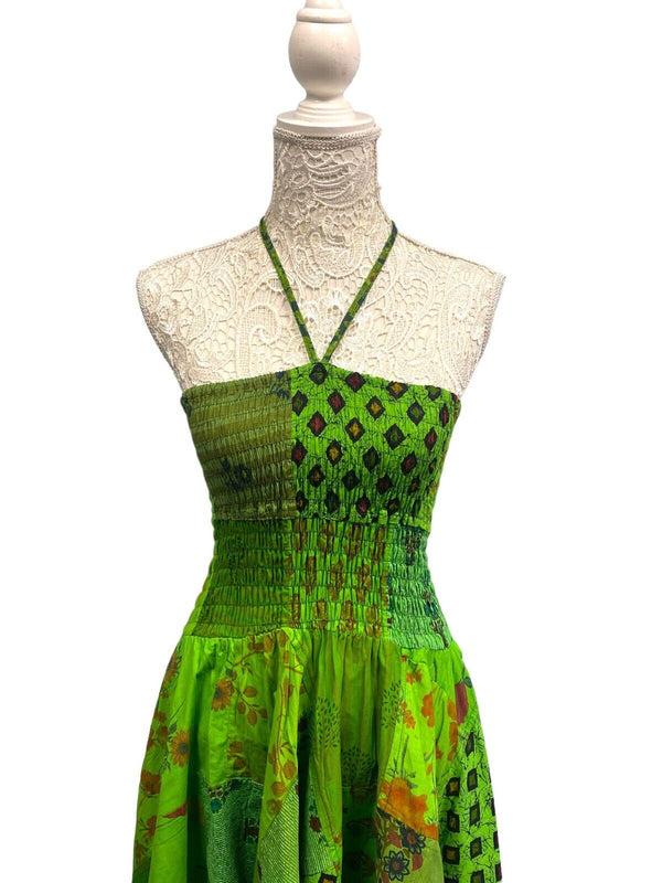 Short Dress GREEN patchwork Boho Pixie hanky hem Festival Hippy gypsy UK 8-14