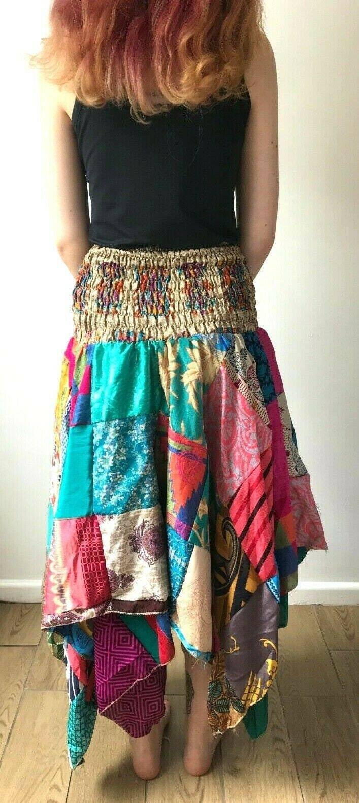 Patchwork Dress Skirt long Stretch boho hippie Festival pixie gypsy sun one size