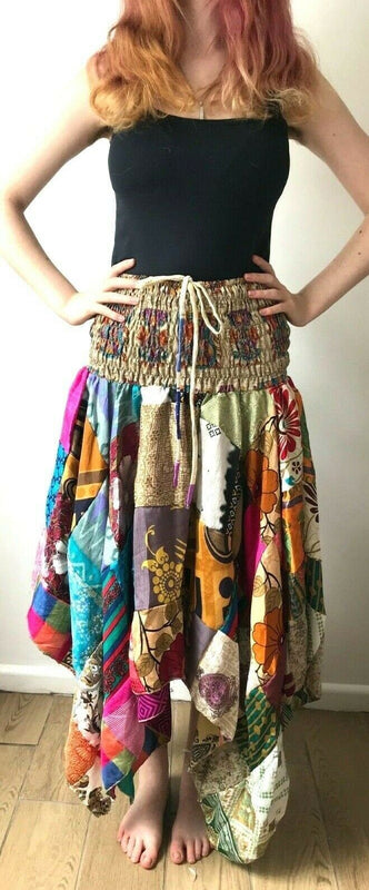 Patchwork Dress Skirt long Stretch boho hippie Festival pixie gypsy sun one size