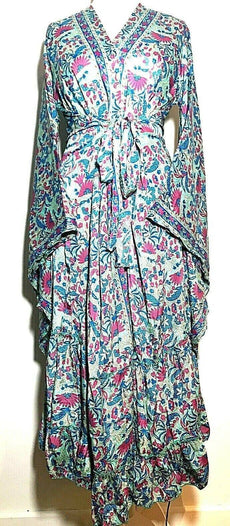 Boho hippie 100% silk kimono cover up wrap long gown robe dress duster coat pink