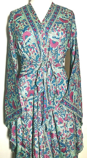 Boho hippie 100% silk kimono cover up wrap long gown robe dress duster coat pink