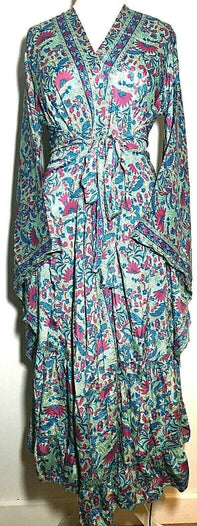 Boho hippie 100% silk kimono cover up wrap long gown robe dress duster coat pink