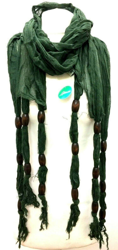 SCARF Long length green, blue, grey, beaded, knotted, boho hippy style festival