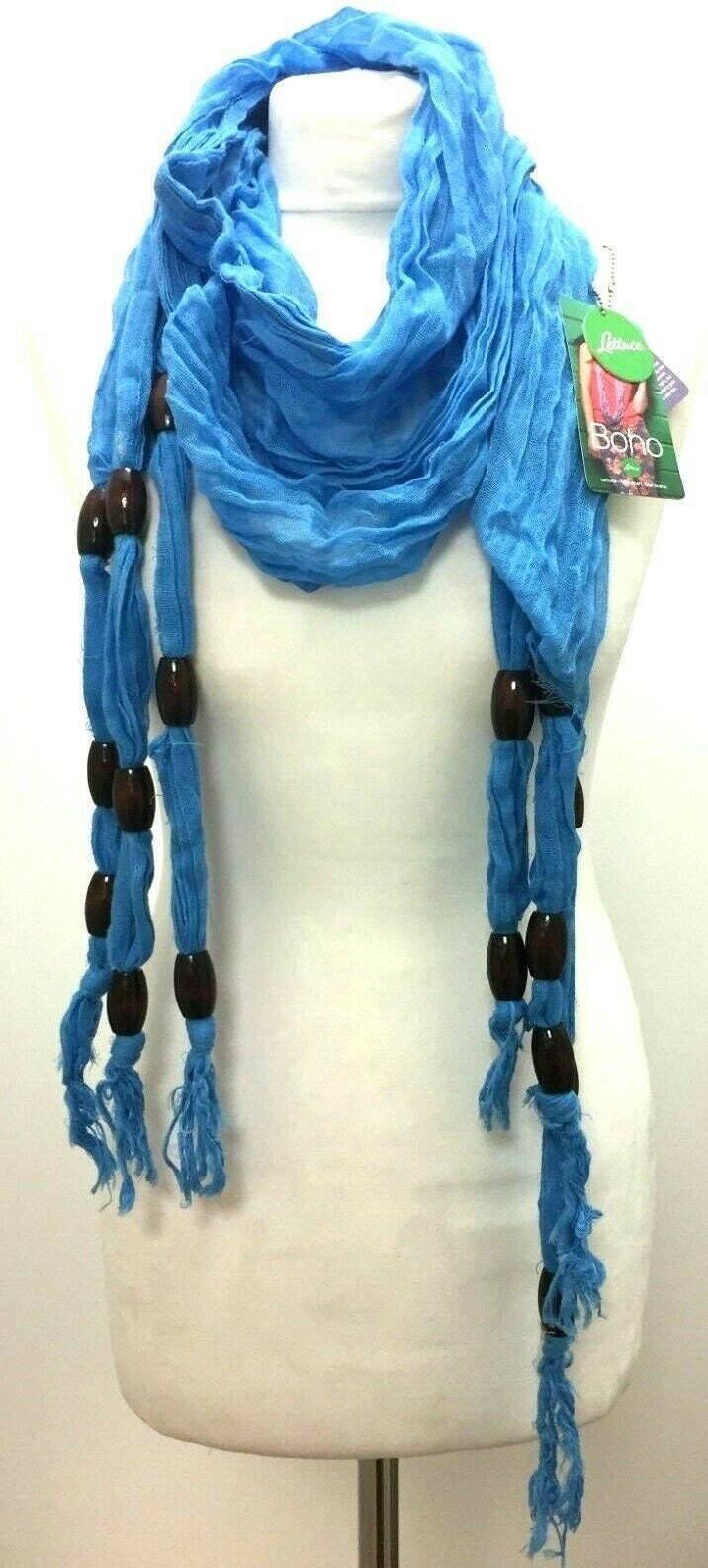 SCARF Long length green, blue, grey, beaded, knotted, boho hippy style festival