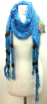 SCARF Long length green, blue, grey, beaded, knotted, boho hippy style festival