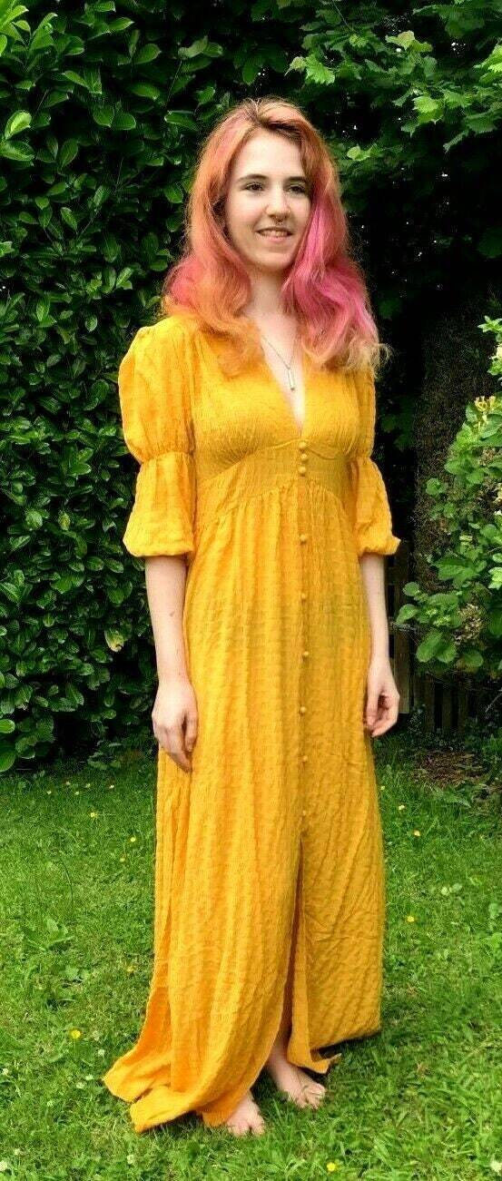 Pretty saffron yellow boho hippy long maxi summer lightweight sun dress uk 8 12