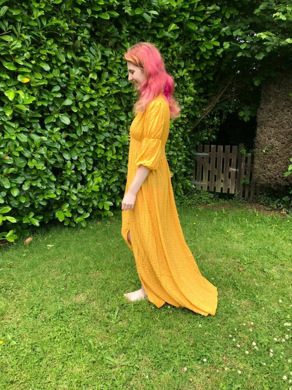 Pretty saffron yellow boho hippy long maxi summer lightweight sun dress uk 8 12