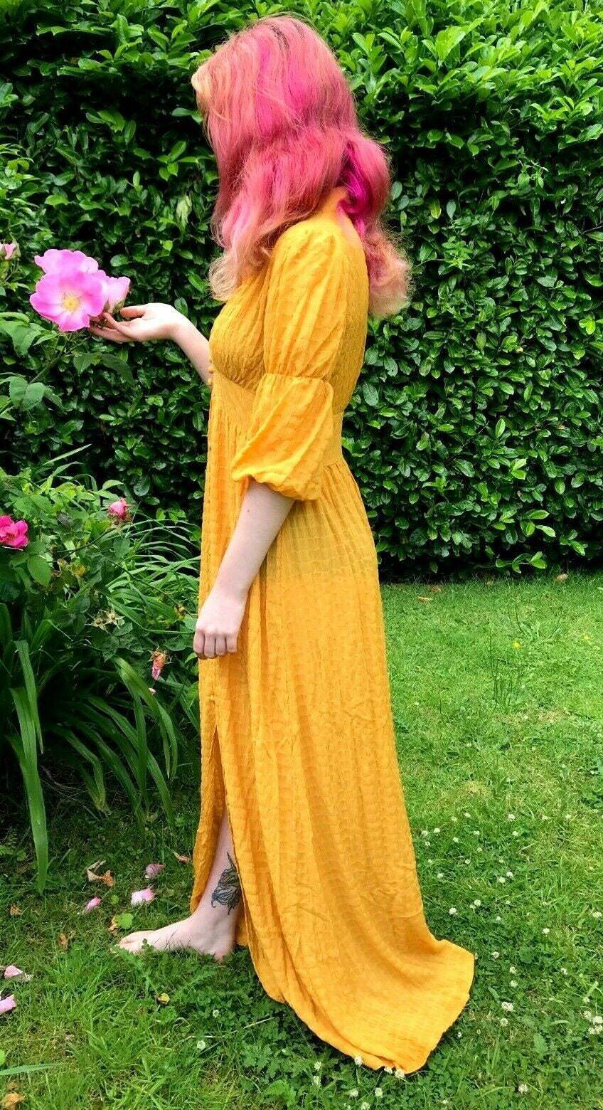 Festival Stall LTD Boho festival Clothing Pretty saffron yellow boho hippy long maxi summer lightweight sun dress uk 8 12