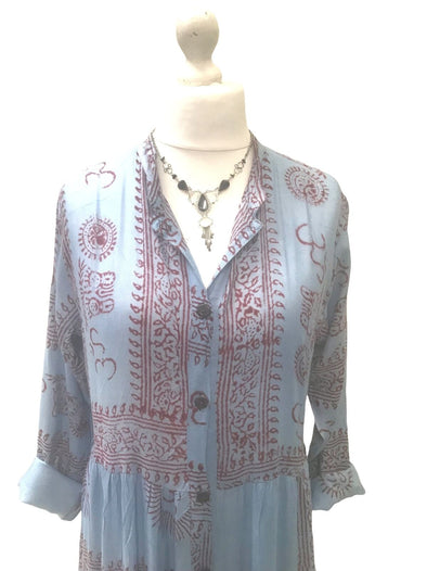 Festival Stall LTD Boho festival Clothing LONG Dress, Boho hippy, festival style, Om print, Yoga, Blue & Red, maxi UK 8 - 14