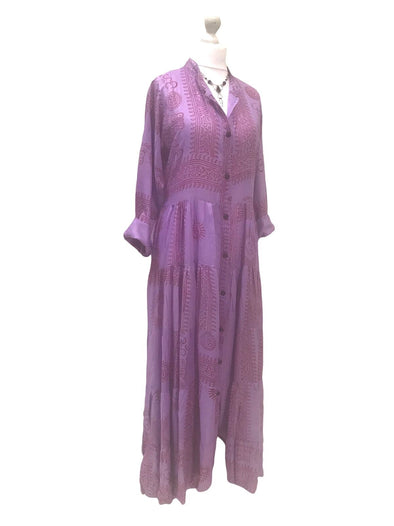 Festival Stall LTD Boho festival Clothing LONG Dress Boho hippy festival style, Om print, Yoga Purple Mauve, maxi UK 8 - 14