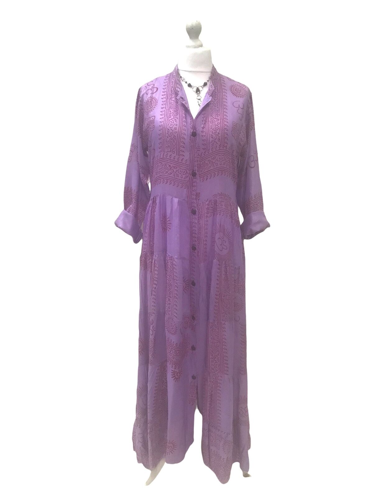 Festival Stall LTD Boho festival Clothing LONG Dress Boho hippy festival style, Om print, Yoga Purple Mauve, maxi UK 8 - 14