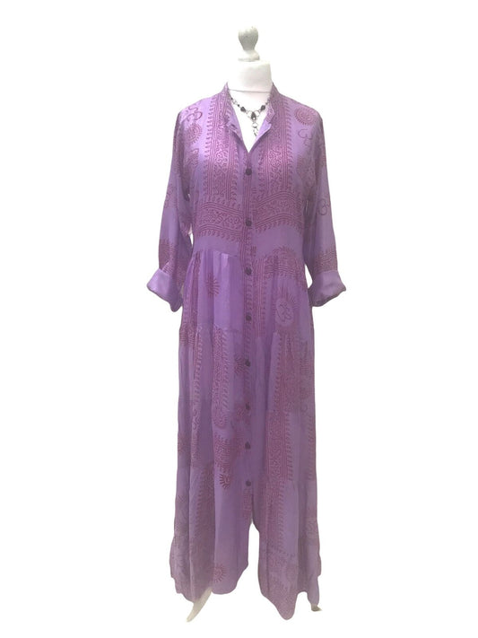 Festival Stall LTD Boho festival Clothing LONG Dress Boho hippy festival style, Om print, Yoga Purple Mauve, maxi UK 8 - 14