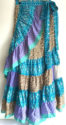 Frilled Skirt Boho hippie, festival, gypsy, sari silk, Blue long wrap around