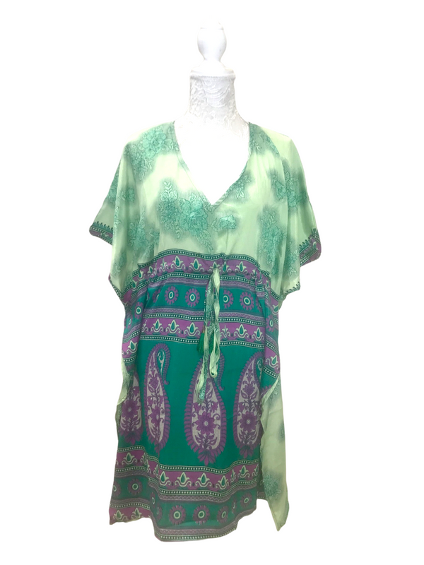 Tunic Kaftan Short Dress Top Cover up Boho hippy vintage Sari Silk ONE SIZE 8-18