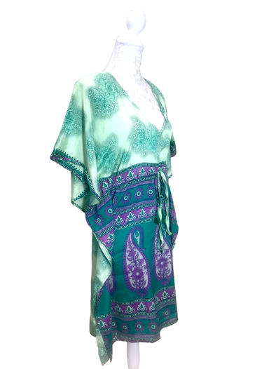 Tunic Kaftan Short Dress Top Cover up Boho hippy vintage Sari Silk ONE SIZE 8-18