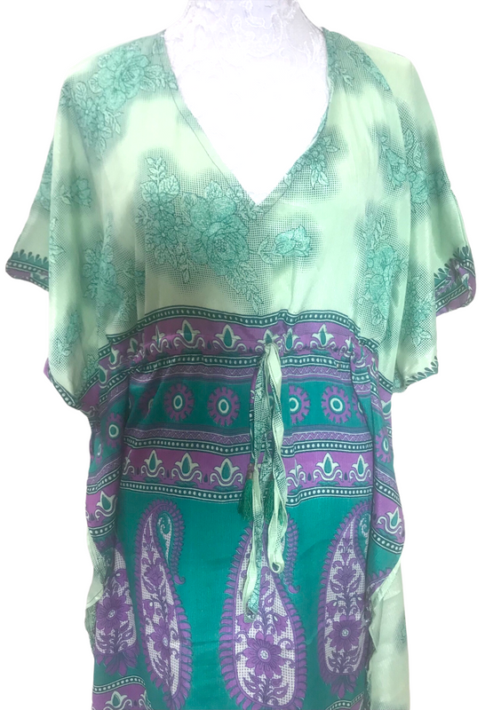 Tunic Kaftan Short Dress Top Cover up Boho hippy vintage Sari Silk ONE SIZE 8-18