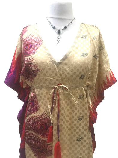 Festival Stall LTD Boho festival Clothing Tunic Kaftan Short Dress Top Cover up Boho hippy Vintage Sari Silk ONE SIZE 8 - 18