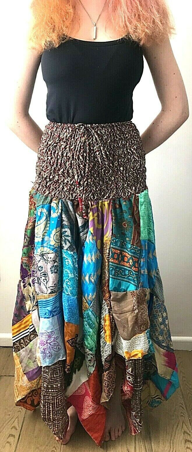 Patchwork Skirt Dress Maxi Long Boho Hippie Festival pixie gypsy StretchONE SIZE