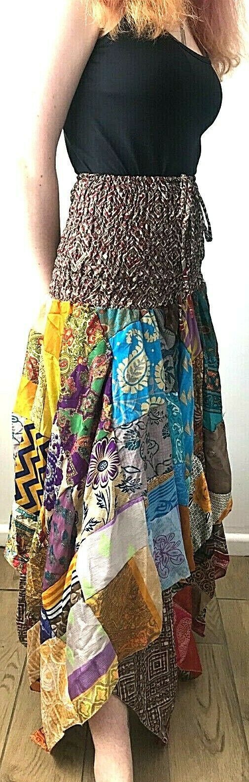 Patchwork Skirt Dress Maxi Long Boho Hippie Festival pixie gypsy StretchONE SIZE